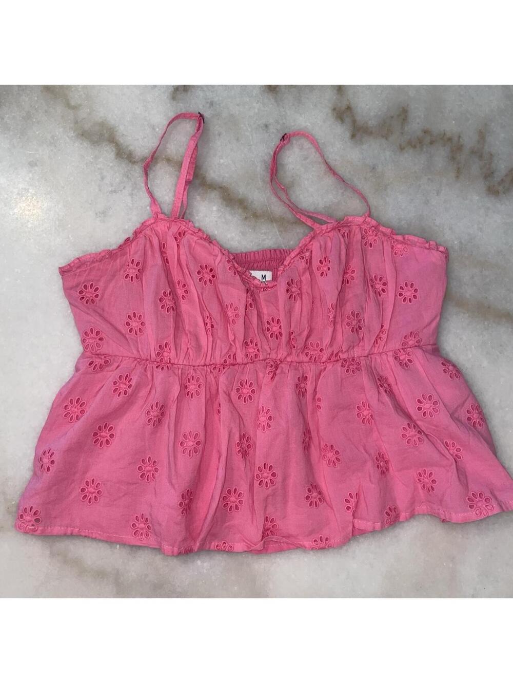 Y2K Hollister Co. Pink Babydoll Top with Floral Embroidery, Size M